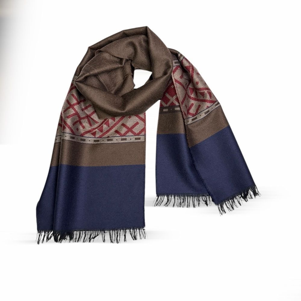 Vintage Wool Scarf Brown Blue Red Tan Men's Women's Excellent 68x14"